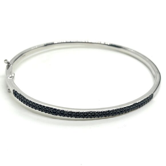 STERLING SILVER 925 SUN BLACK PAVE STONE HINGED BANGLE BRACELET MODERN ELEGANT - Picture 1 of 16